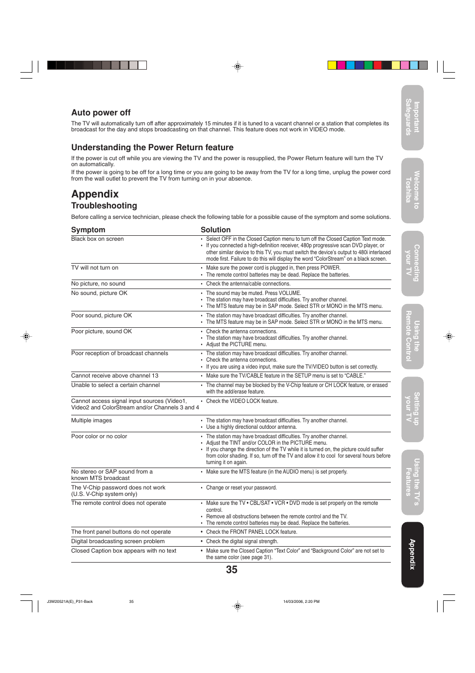 Appendix, Troubleshooting, Auto power off | Understanding the power return feature | Toshiba 27DF46 User Manual | Page 35 / 76