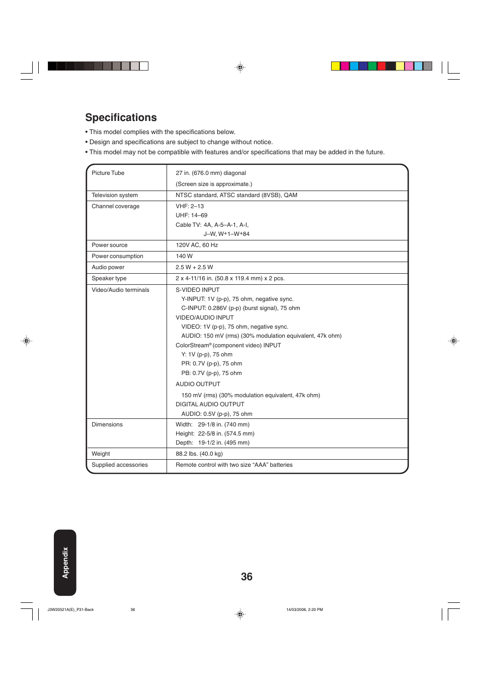 Specifications | Toshiba 27DF46 User Manual | Page 36 / 76