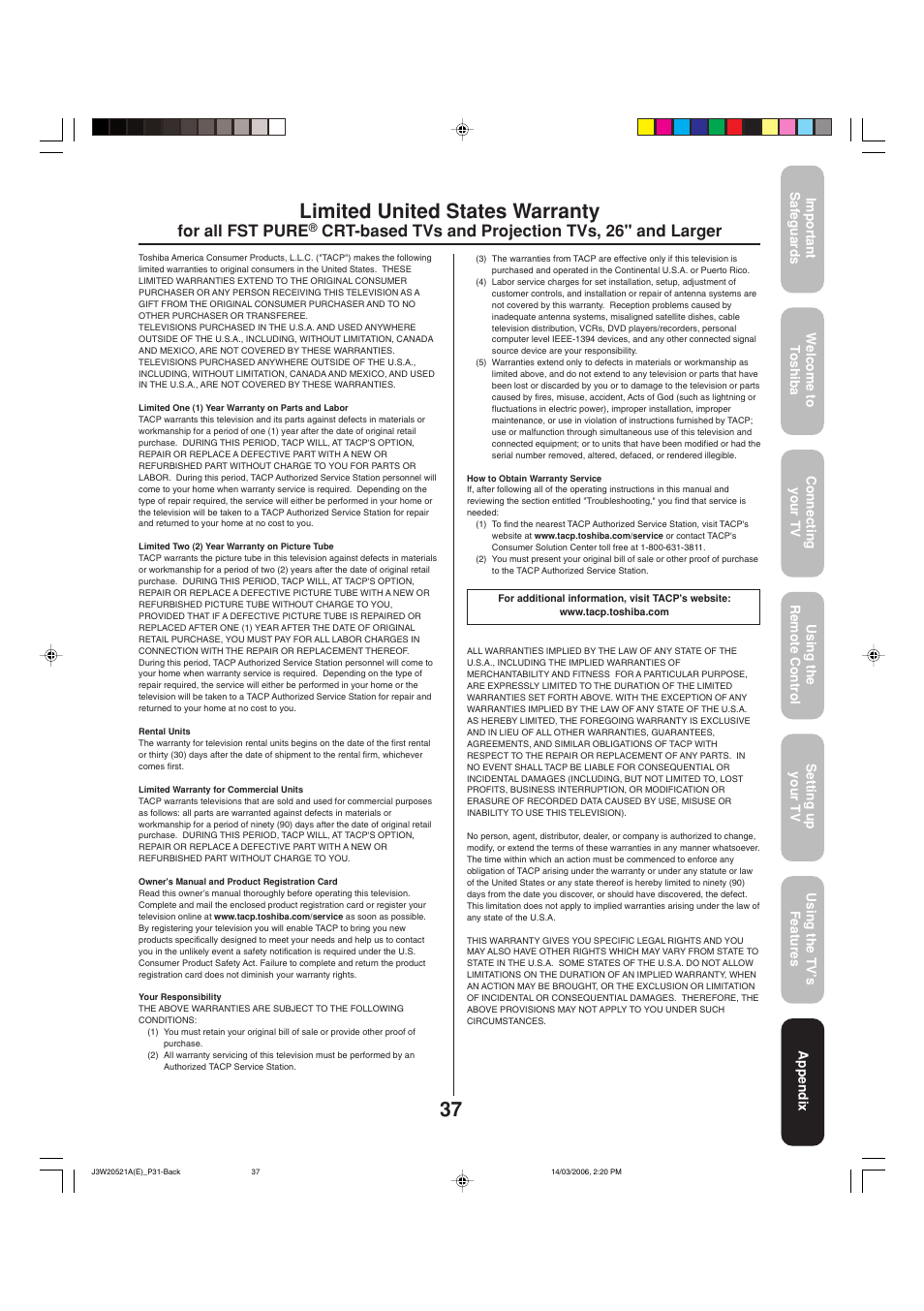 Limited united states warranty, For all fst pure, Crt-based tvs and projection tvs, 26" and larger | Toshiba 27DF46 User Manual | Page 37 / 76