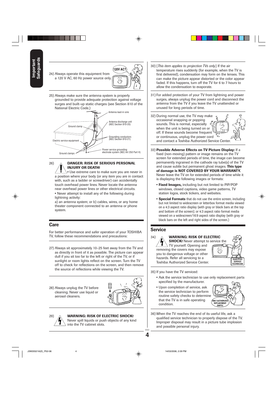 Care, Service | Toshiba 27DF46 User Manual | Page 4 / 76