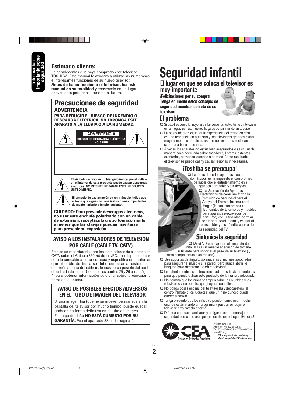 Seguridad infantil, Precauciones de seguridad, El problema | Toshiba se preocupa, Sintonice la seguridad, Estimado cliente | Toshiba 27DF46 User Manual | Page 40 / 76