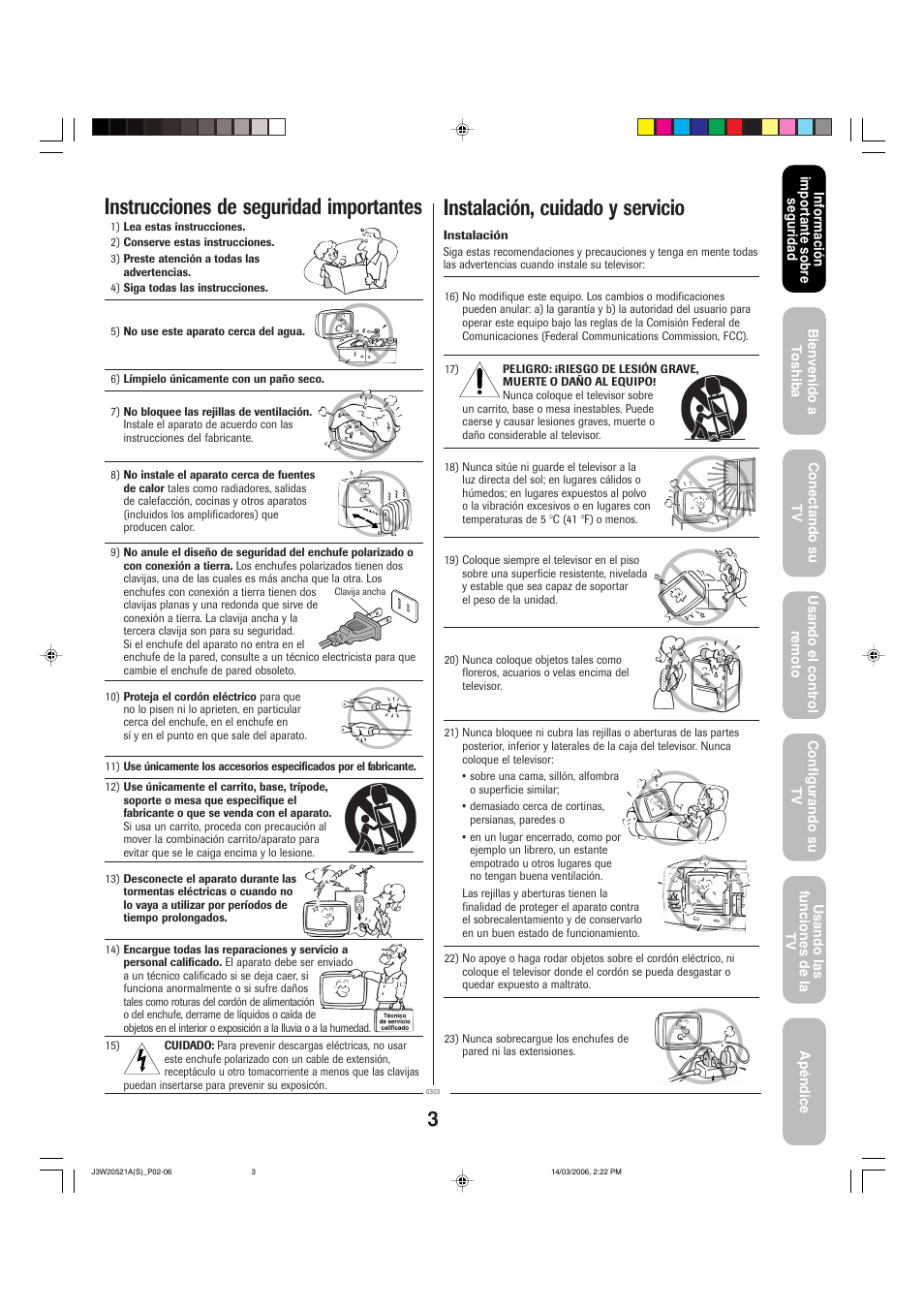 Instrucciones de seguridad importantes, Instalación, cuidado y servicio | Toshiba 27DF46 User Manual | Page 41 / 76