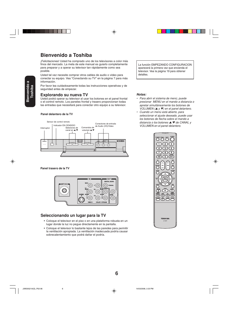 Bienvenido a toshiba, Explorando su nueva tv, Seleccionando un lugar para la tv | Toshiba 27DF46 User Manual | Page 44 / 76