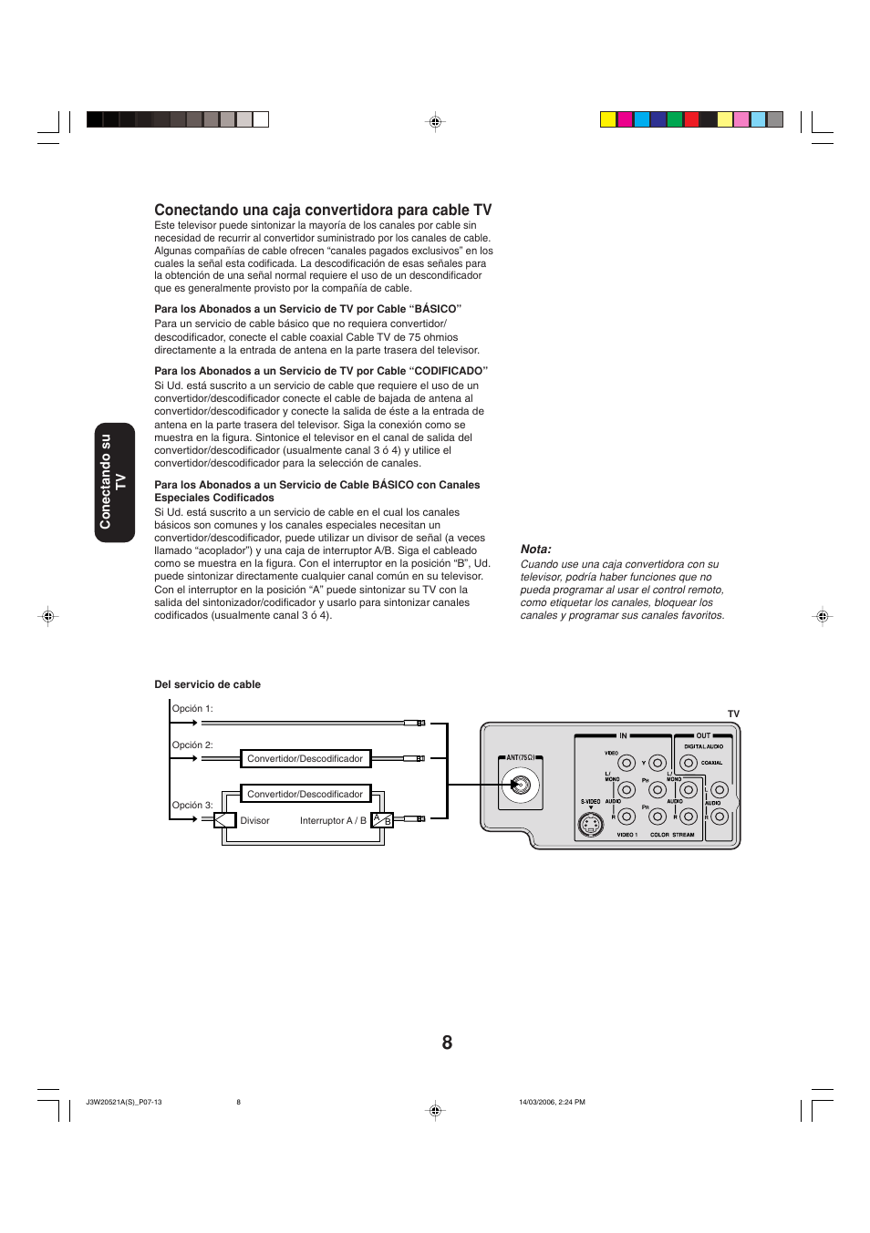 Conectando una caja convertidora para cable tv | Toshiba 27DF46 User Manual | Page 46 / 76