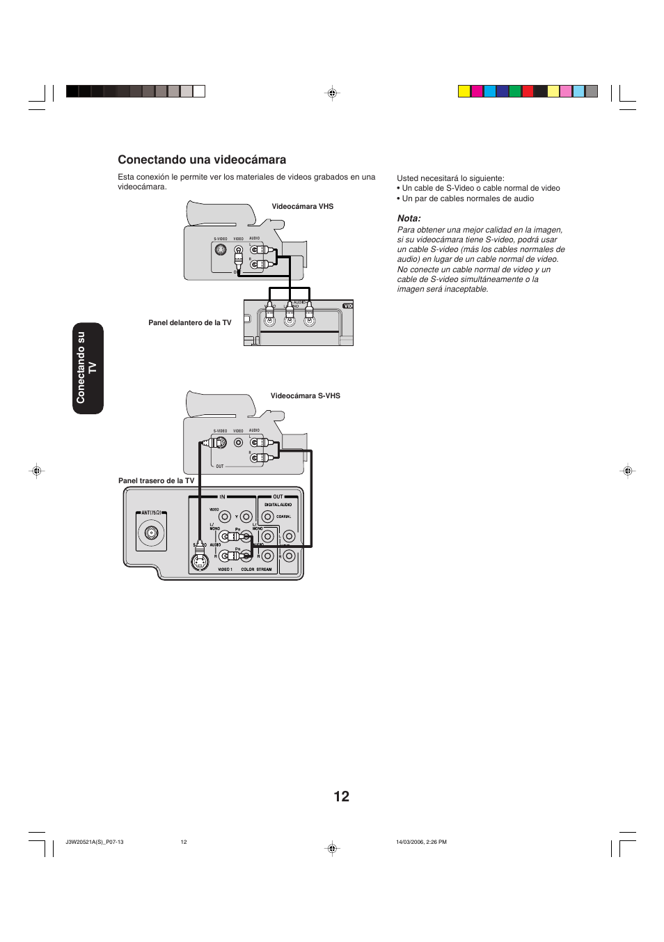 Conectando una videocámara, Conectando su tv, Nota | Toshiba 27DF46 User Manual | Page 50 / 76