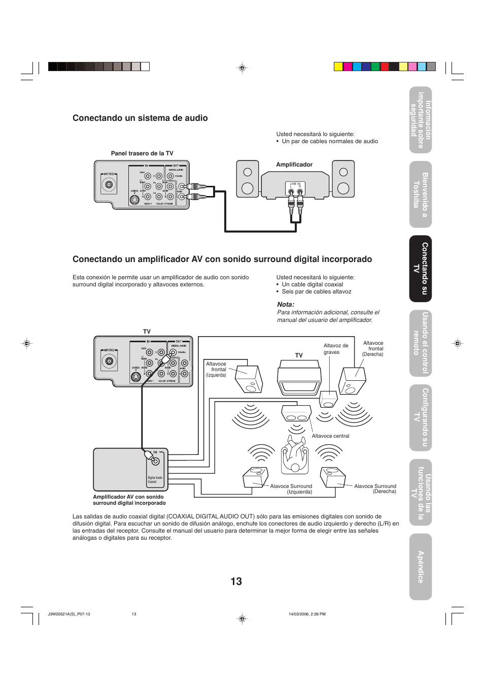 Conectando un sistema de audio | Toshiba 27DF46 User Manual | Page 51 / 76