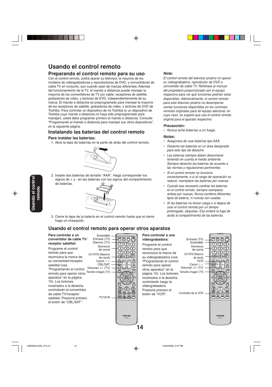 14 usando el control remoto, Preparando el control remoto para su uso, Instalando las baterías del control remoto | Toshiba 27DF46 User Manual | Page 52 / 76