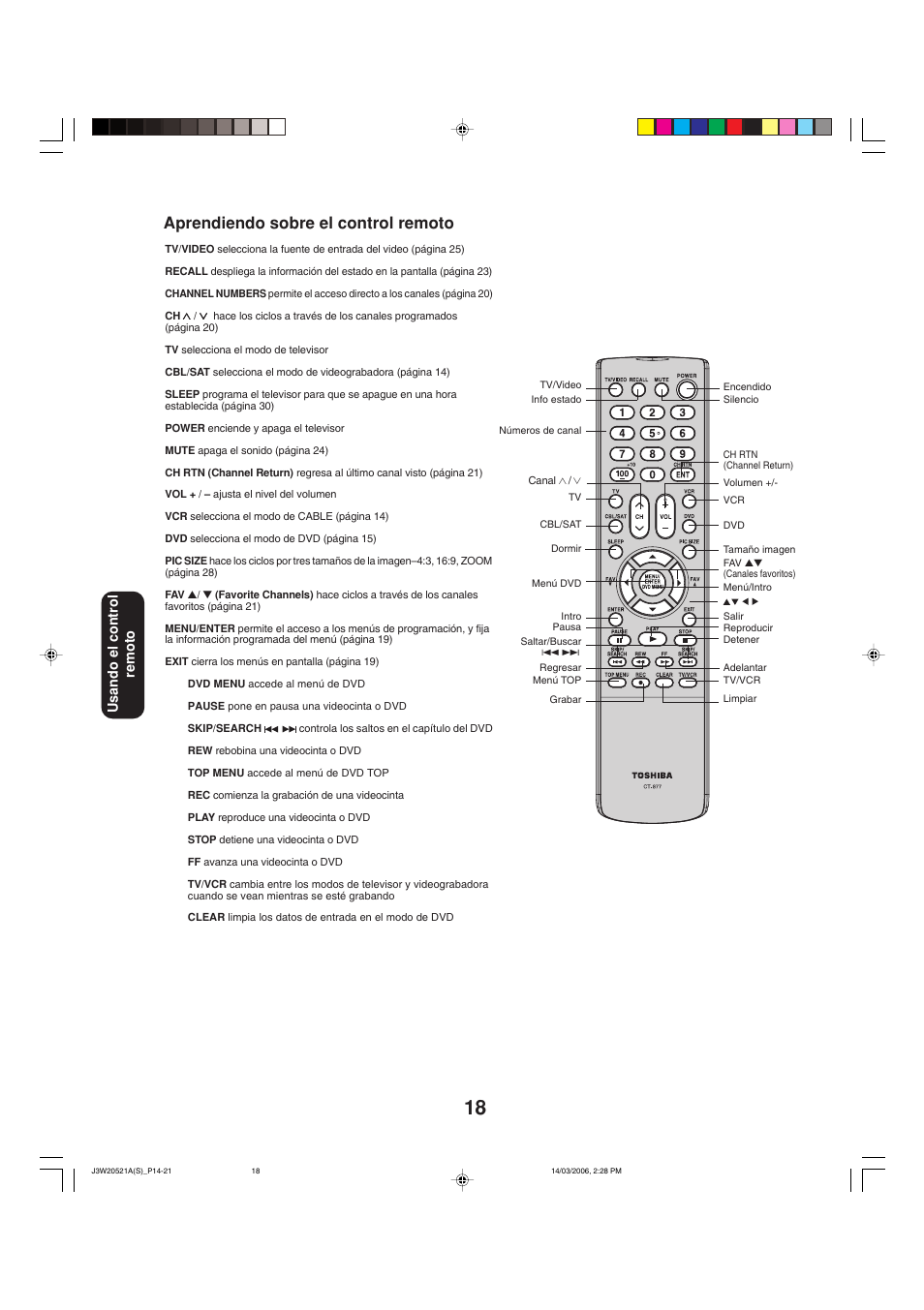 Aprendiendo sobre el control remoto | Toshiba 27DF46 User Manual | Page 56 / 76