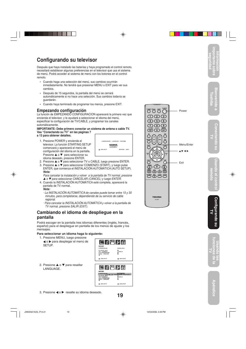 Configurando su televisor, Cambiando el idioma de despliegue en la pantalla, Empezando configuración | Toshiba 27DF46 User Manual | Page 57 / 76