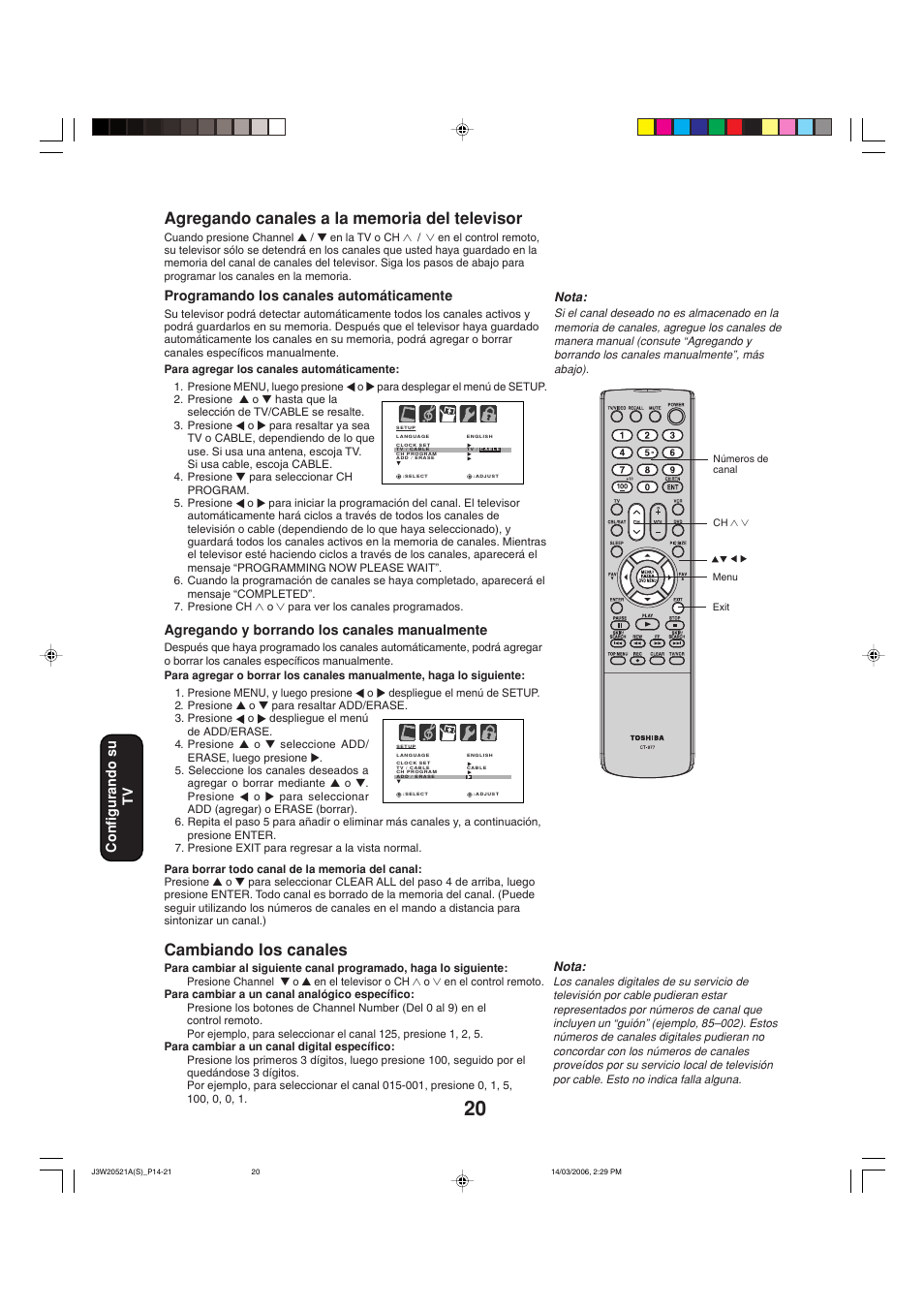 Cambiando los canales, Programando los canales automáticamente, Agregando y borrando los canales manualmente | Configurando su tv | Toshiba 27DF46 User Manual | Page 58 / 76