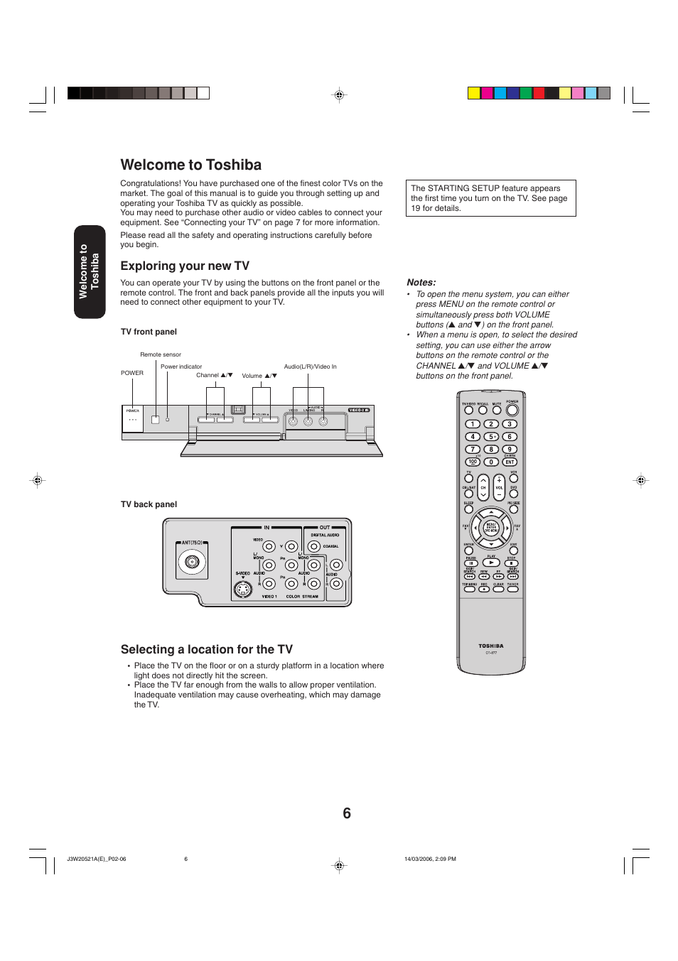 6welcome to toshiba, Exploring your new tv, Selecting a location for the tv | Toshiba 27DF46 User Manual | Page 6 / 76
