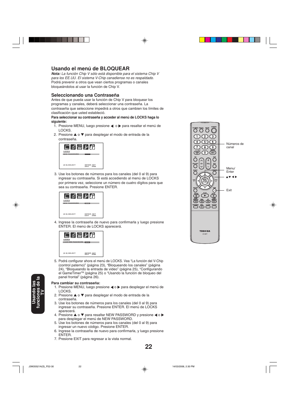 Usando el menú de bloquear, Seleccionando una contraseña, Usando las funciones de la tv | Toshiba 27DF46 User Manual | Page 60 / 76