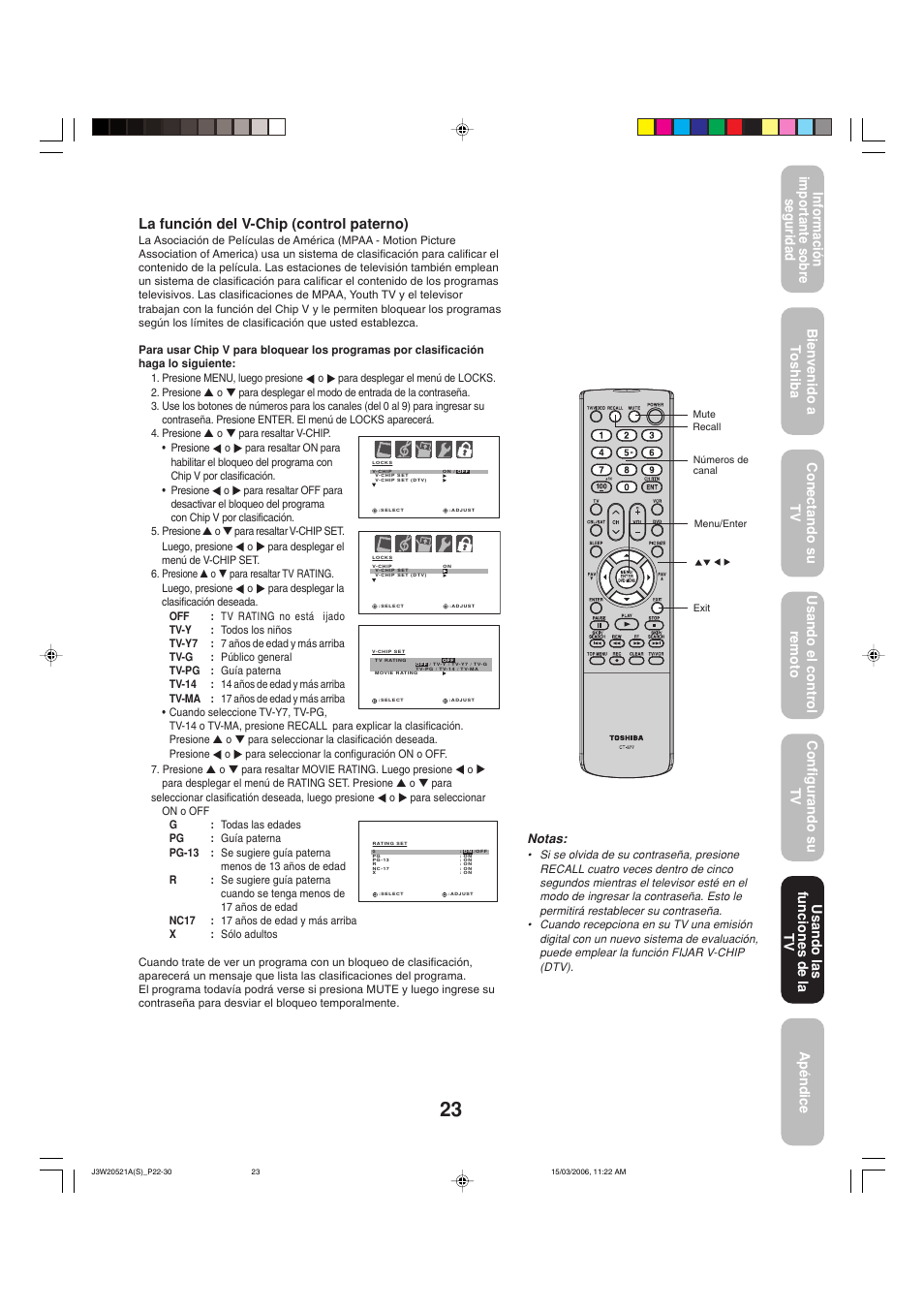 La función del v-chip (control paterno), Notas | Toshiba 27DF46 User Manual | Page 61 / 76