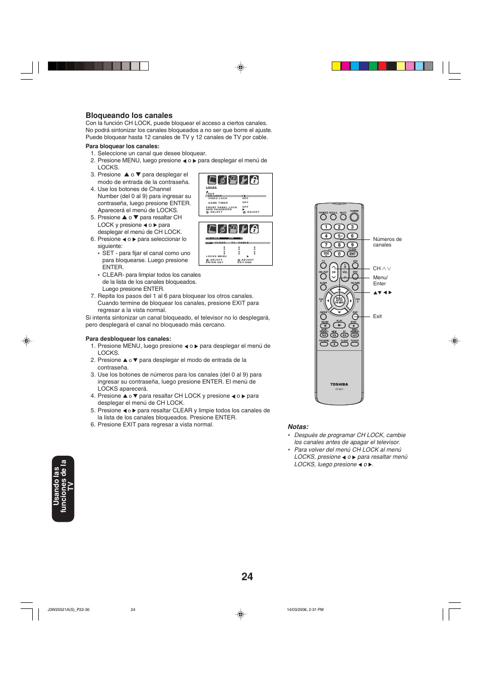 Bloqueando los canales, Usando las funciones de la tv, Notas | Toshiba 27DF46 User Manual | Page 62 / 76