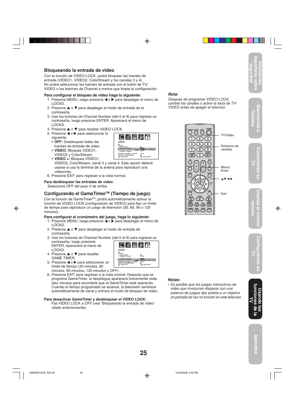 Bloqueando la entrada de video, Configurando el gametimer, Tiempo de juego) | Usando las funciones de la tv | Toshiba 27DF46 User Manual | Page 63 / 76