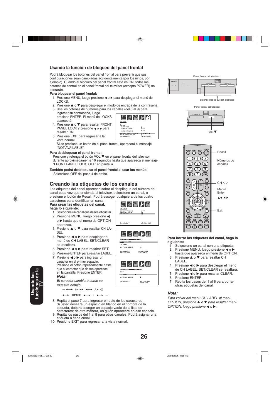 Creando las etiquetas de los canales, Usando la función de bloqueo del panel frontal, Usando las funciones de la tv | Nota | Toshiba 27DF46 User Manual | Page 64 / 76