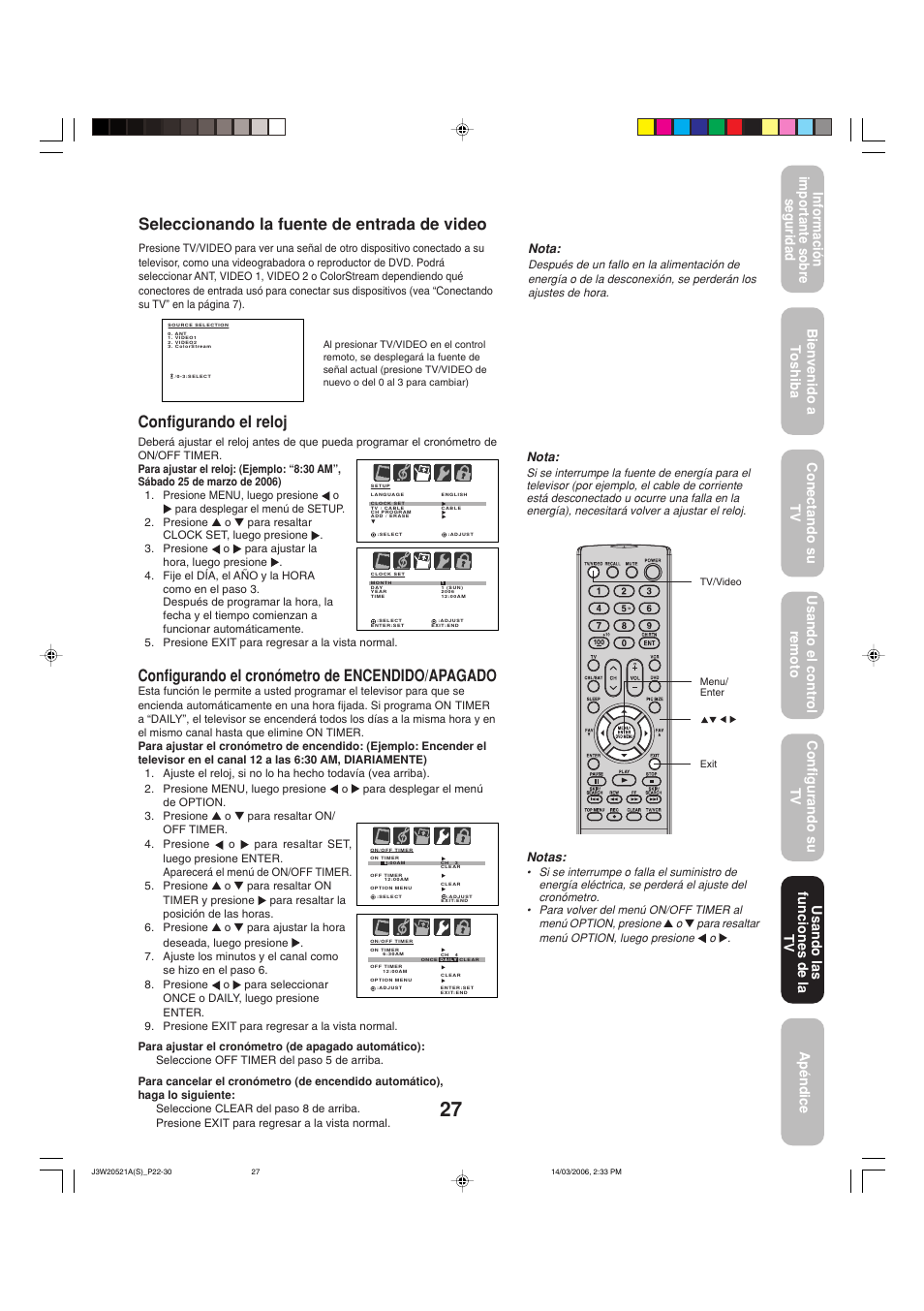 Seleccionando la fuente de entrada de video, Configurando el reloj, Configurando el cronómetro de encendido/apagado | Usando las funciones de la tv, Nota, Notas | Toshiba 27DF46 User Manual | Page 65 / 76