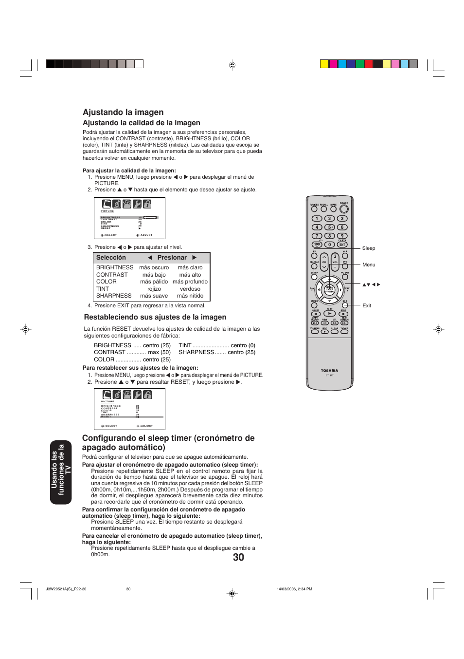 Ajustando la imagen, Ajustando la calidad de la imagen, Restableciendo sus ajustes de la imagen | Usando las funciones de la tv | Toshiba 27DF46 User Manual | Page 68 / 76