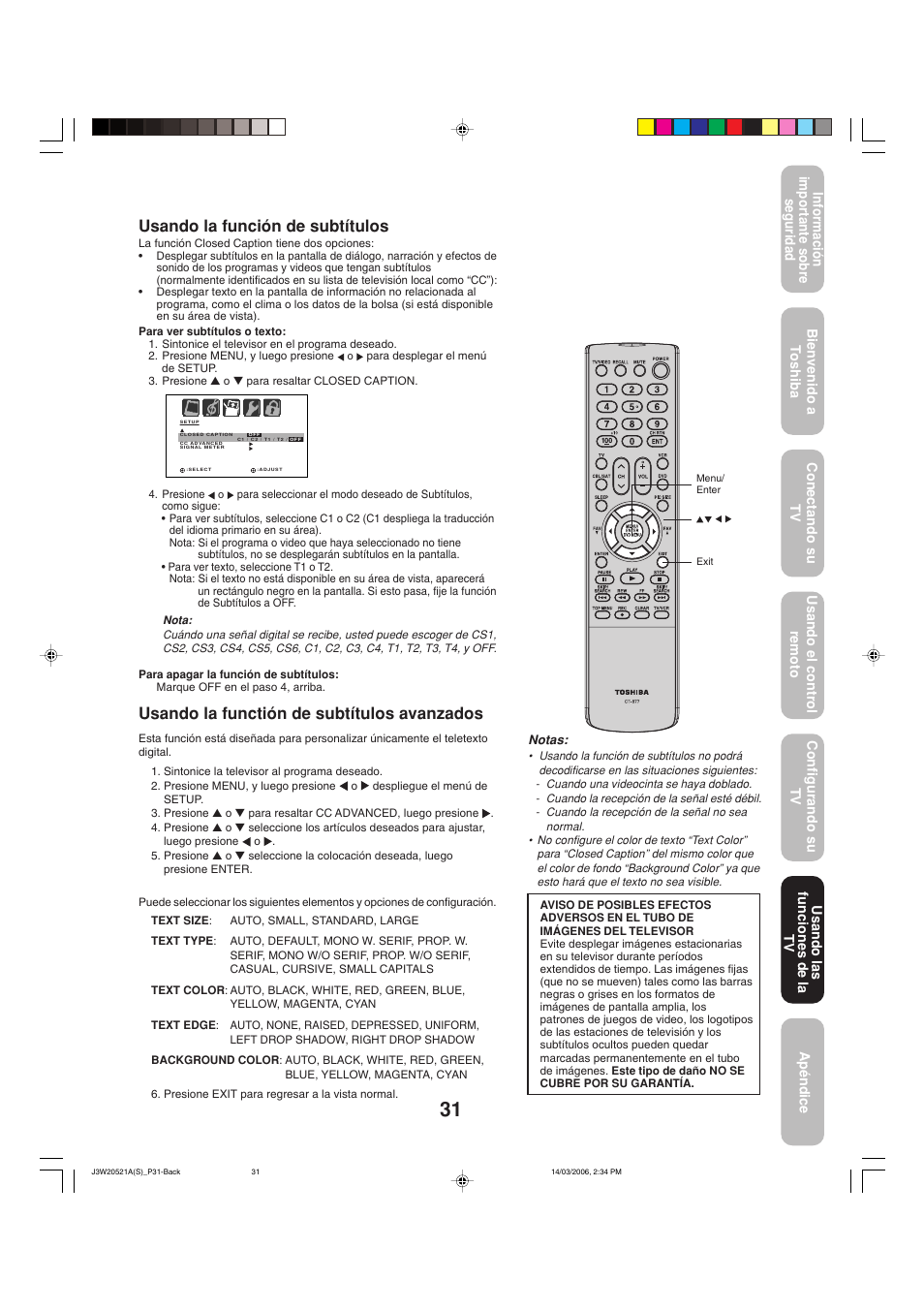 Usando la functión de subtítulos avanzados, Usando la función de subtítulos | Toshiba 27DF46 User Manual | Page 69 / 76