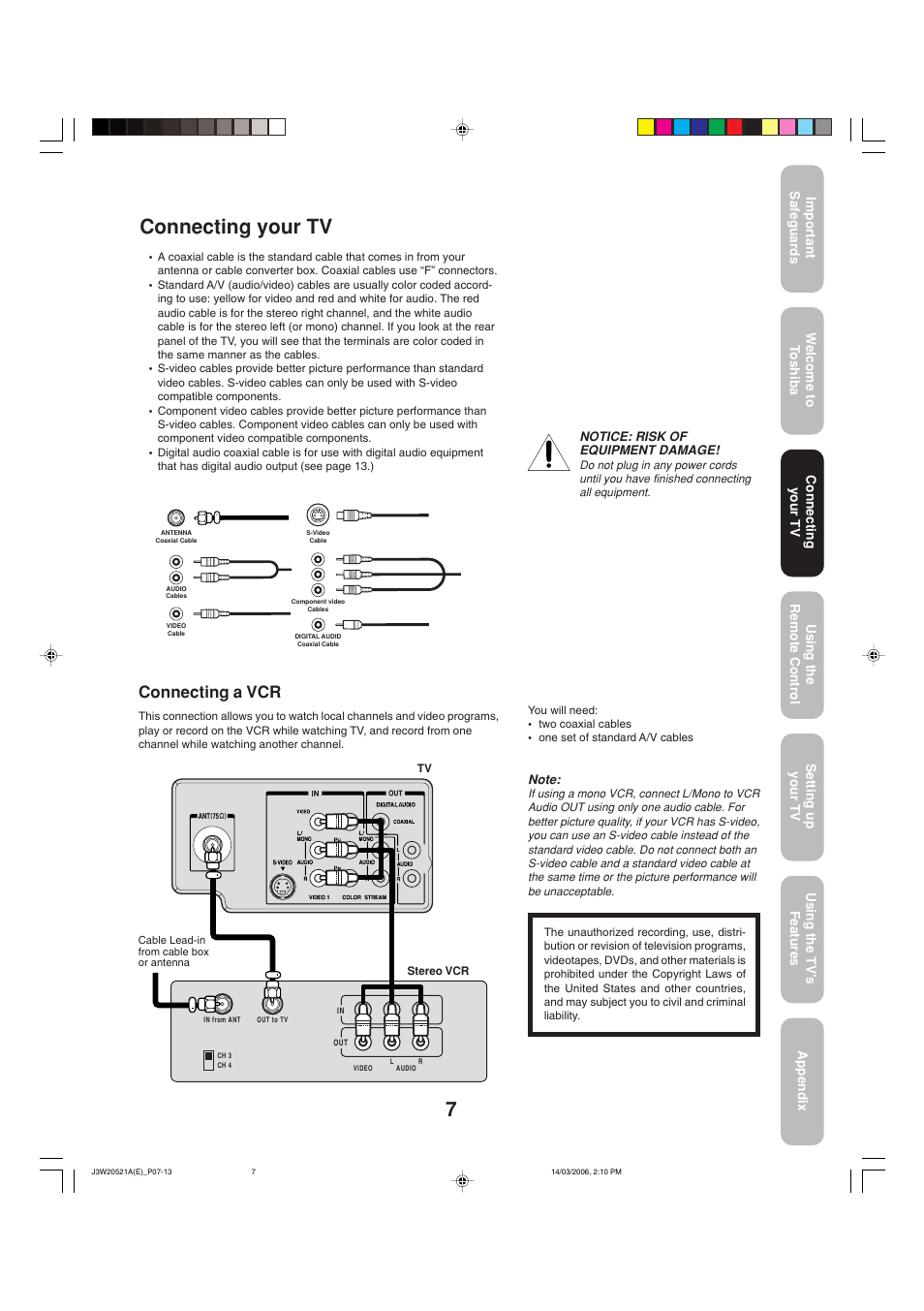 Connecting your tv, Connecting a vcr | Toshiba 27DF46 User Manual | Page 7 / 76