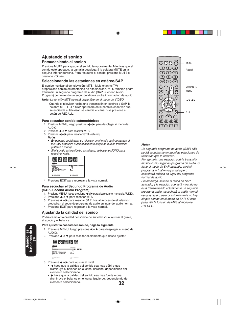 Ajustando el sonido, Ajustando la calidad del sonido, Enmudeciendo el sonido | Seleccionando las estaciones en estéreo/sap, Usando las funciones de la tv | Toshiba 27DF46 User Manual | Page 70 / 76