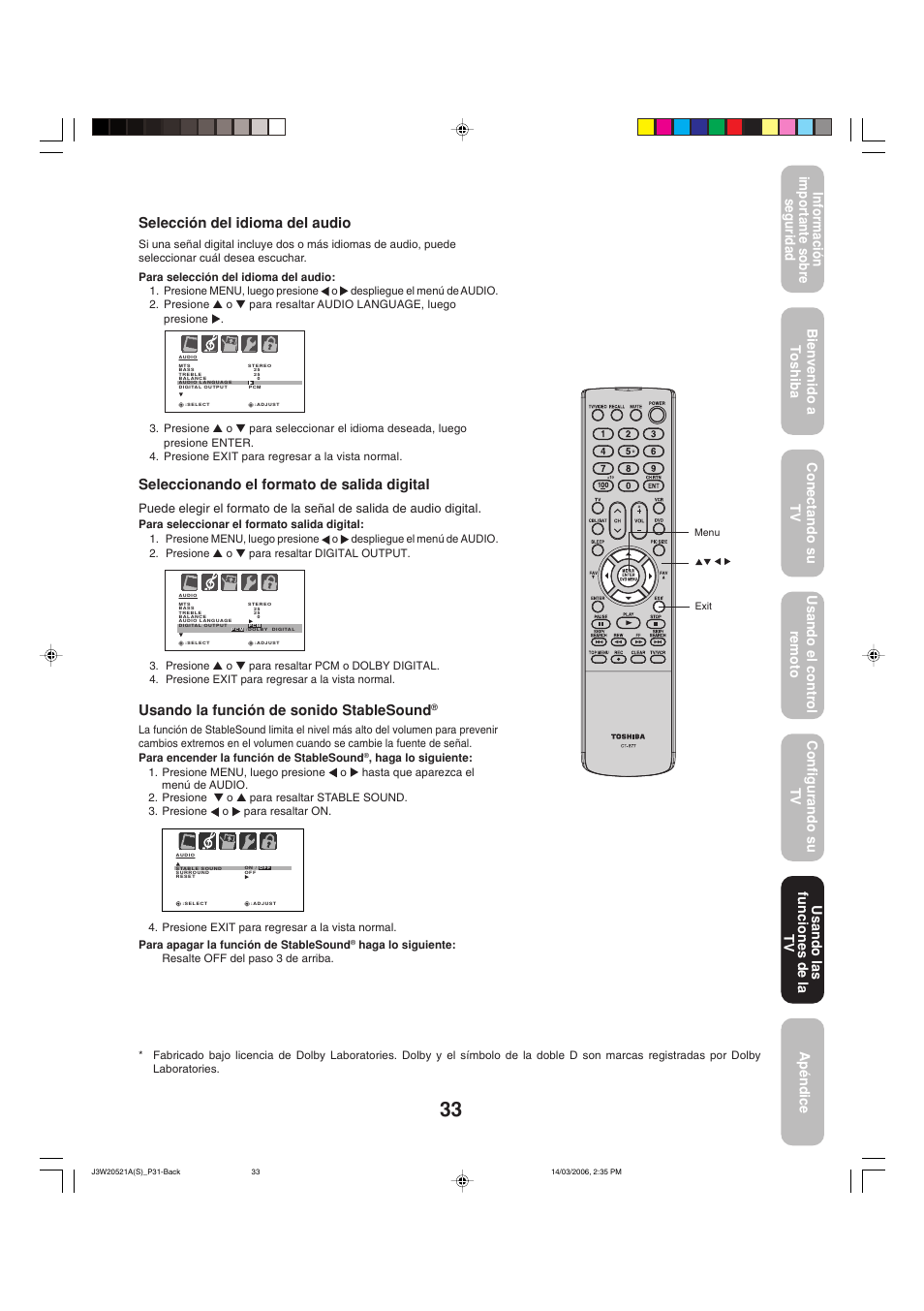 Usando la función de sonido stablesound, Selección del idioma del audio, Seleccionando el formato de salida digital | Usando las funciones de la tv | Toshiba 27DF46 User Manual | Page 71 / 76