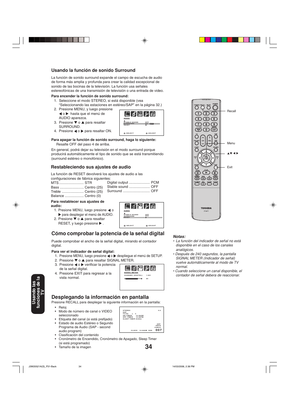 Cómo comprobar la potencia de la señal digital, Desplegando la información en pantalla, Usando la función de sonido surround | Restableciendo sus ajustes de audio, Usando las funciones de la tv, Notas | Toshiba 27DF46 User Manual | Page 72 / 76