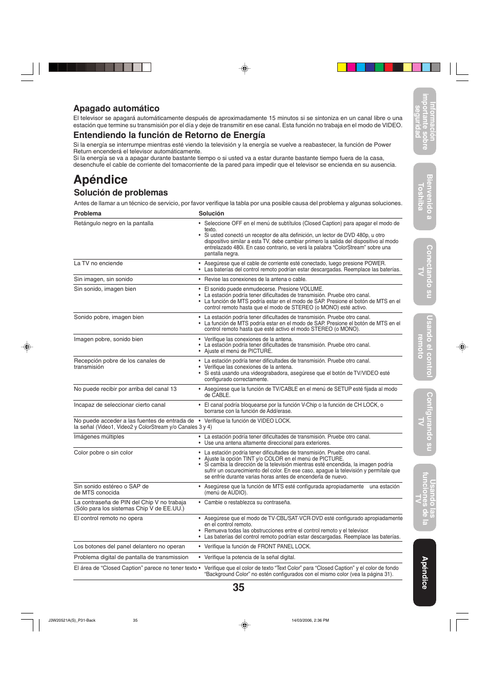 Apéndice, Solución de problemas, Apagado automático | Entendiendo la función de retorno de energía | Toshiba 27DF46 User Manual | Page 73 / 76