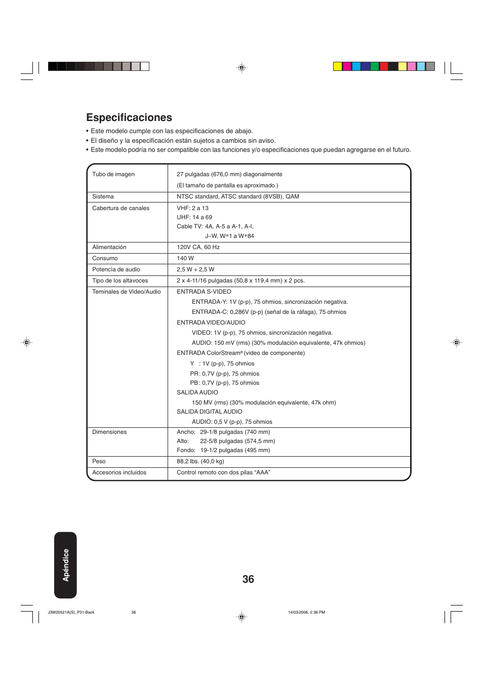 Especificaciones | Toshiba 27DF46 User Manual | Page 74 / 76