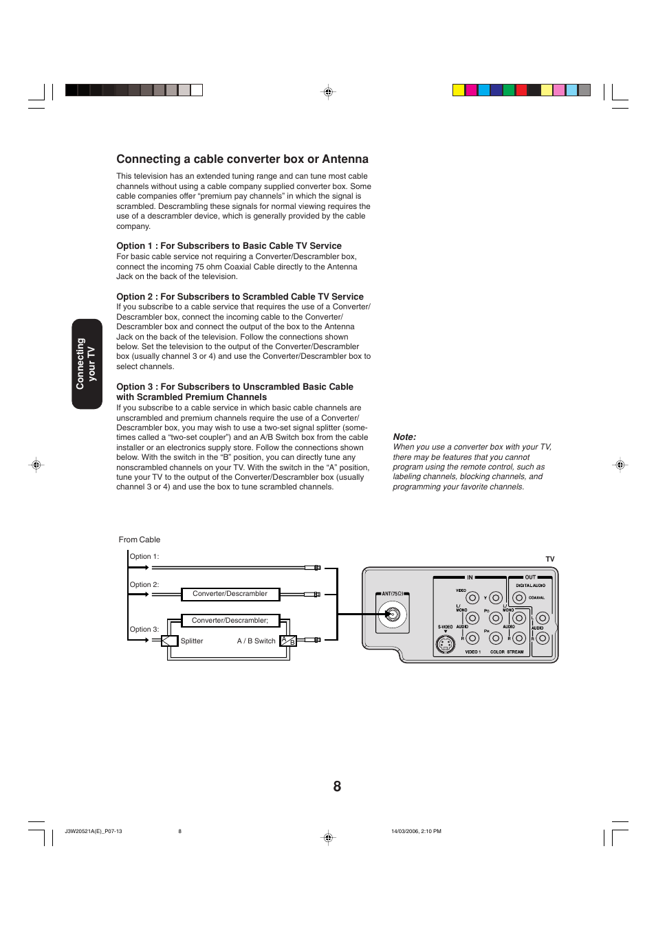 Connecting a cable converter box or antenna | Toshiba 27DF46 User Manual | Page 8 / 76