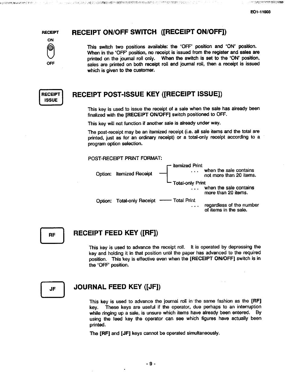 Receipt on/off switch ([receipt on/off]), Receipt post-issue key ([receipt issue]), Receipt feed key ([rf]) | Journal feed key ([jf]) | Toshiba MA-216-100 SERIES User Manual | Page 12 / 84