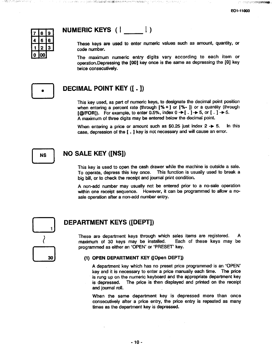 Numeric keys, Decimal point key ([. ]), No sale key ([ns]) | Department keys ([dept]) | Toshiba MA-216-100 SERIES User Manual | Page 13 / 84