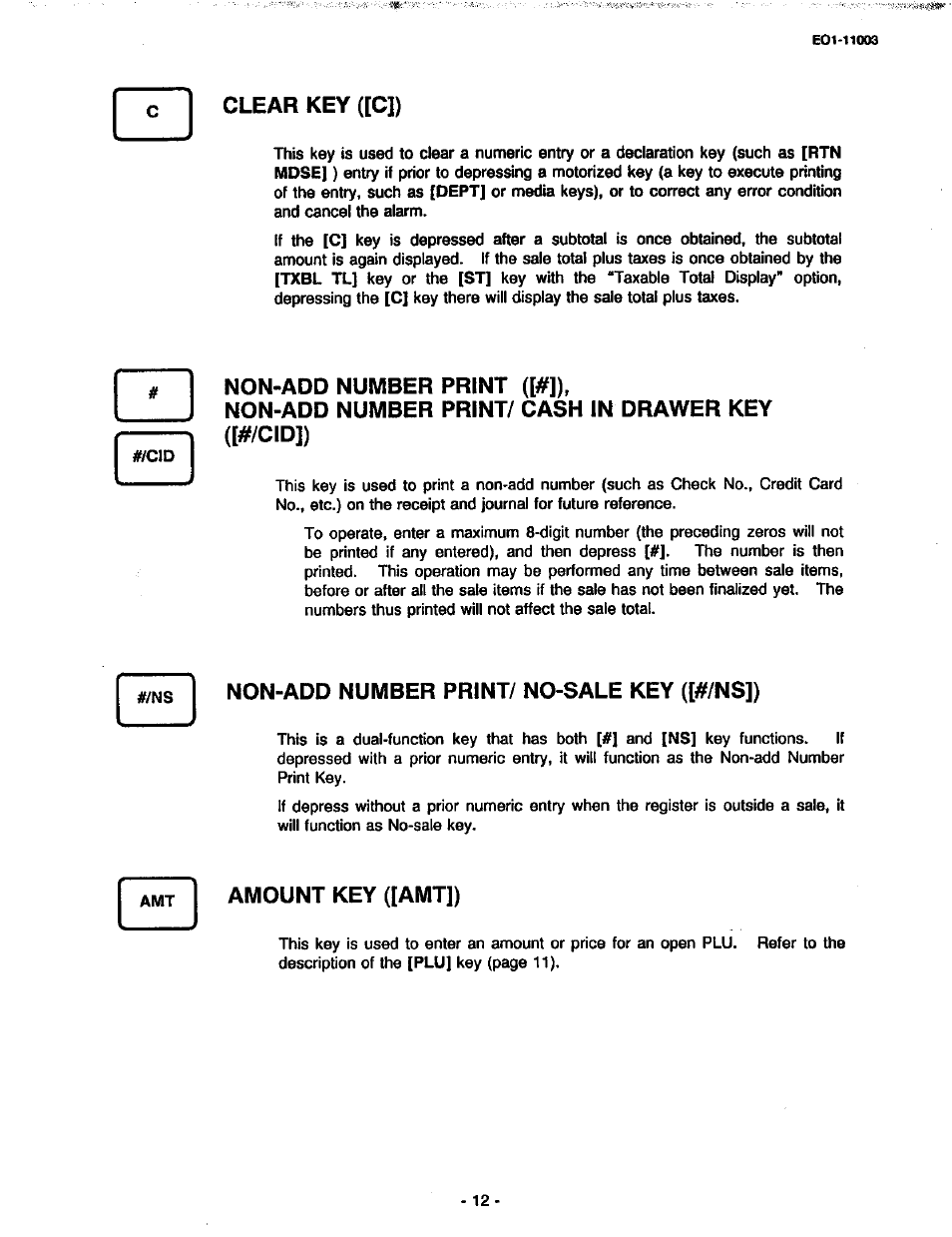 Clear key ([c]), Non-add number print ([#]), Non-add number print/ cash in drawer key | Cid]), Non-add number print/ no-sale key ([#/ns]), Amount key ([amt]) | Toshiba MA-216-100 SERIES User Manual | Page 15 / 84