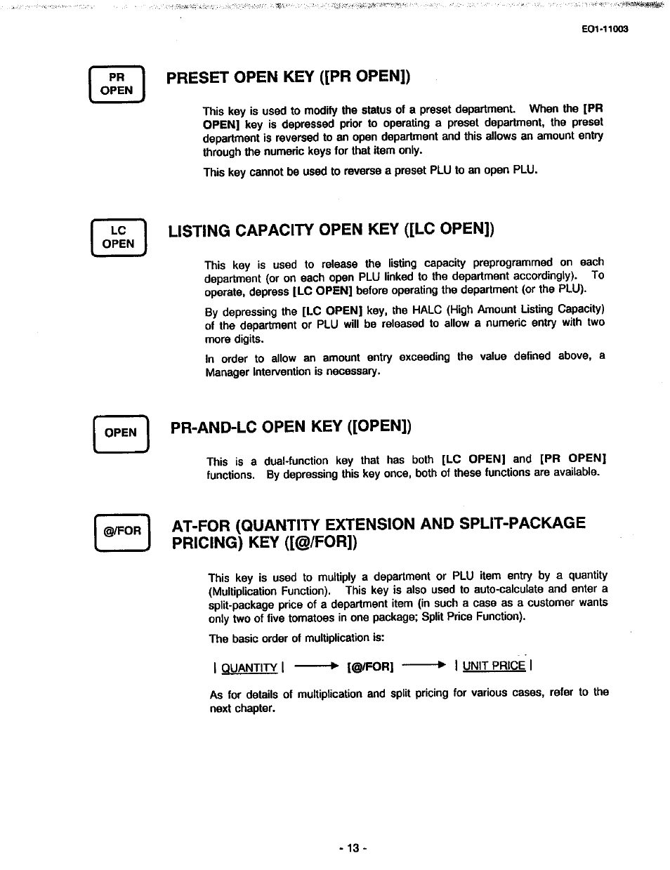 Preset open key ([pr open]), Listing capacity open key ([lc open]), Pr-and-lc open key ([open]) | Rt=or at-for (quantity extension and split-package, Pricing) key ([©/for]) | Toshiba MA-216-100 SERIES User Manual | Page 16 / 84