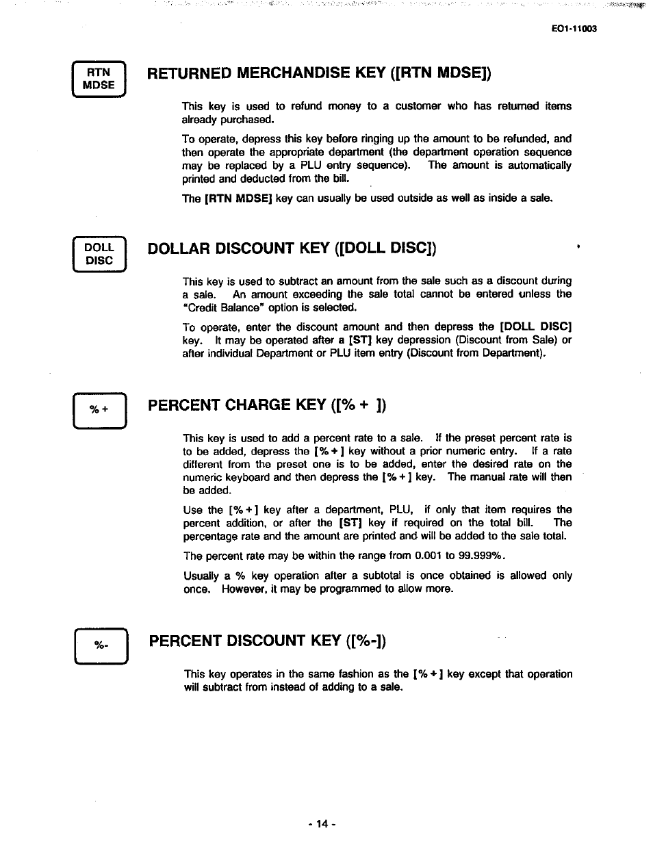 Returned merchandise key ([rtn mdse]), Dollar discount key ([doll disc]), Percent charge key ([% + ]) | Percent discount key ([%-]) | Toshiba MA-216-100 SERIES User Manual | Page 17 / 84