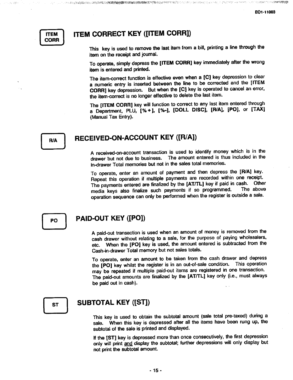 Item correct key ([item corr]), Received-on-account key ([r/a]), Paid-out key ([po]) | Subtotal key ([st]) | Toshiba MA-216-100 SERIES User Manual | Page 18 / 84