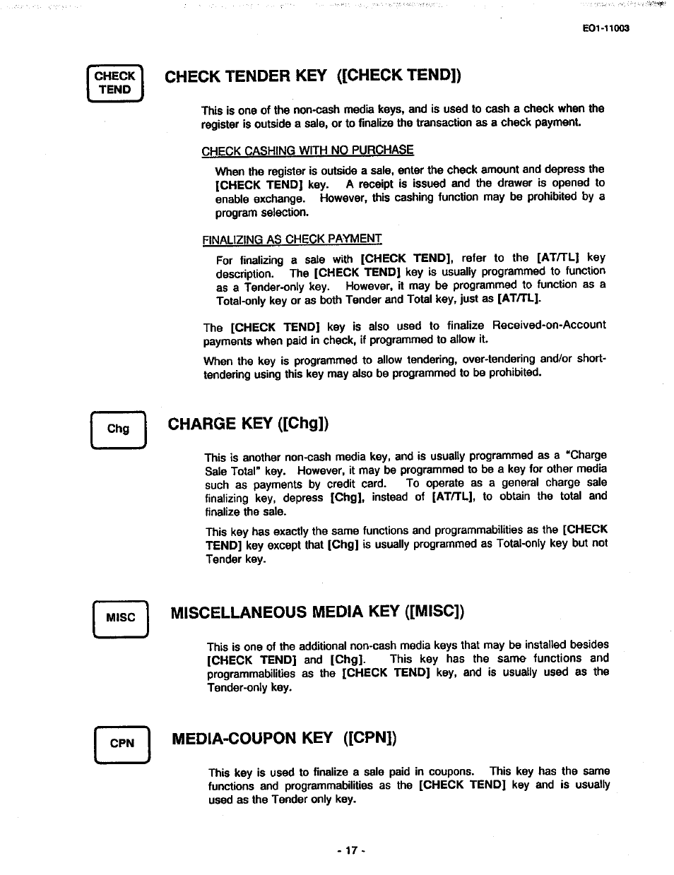 Check tender key ([check tend]), Charge key ([chg]), Miscellaneous media key ([misc]) | Cpn media-coupon key ([cpn]), Media-coupon key ([cpn]) | Toshiba MA-216-100 SERIES User Manual | Page 20 / 84