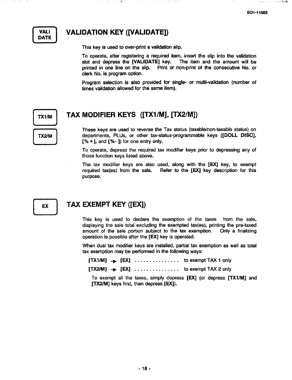 Validation key ([validate]), Tax modifier keys ([tx1/m], itx2/m]), Tax exempt key ([ex]) | Toshiba MA-216-100 SERIES User Manual | Page 21 / 84