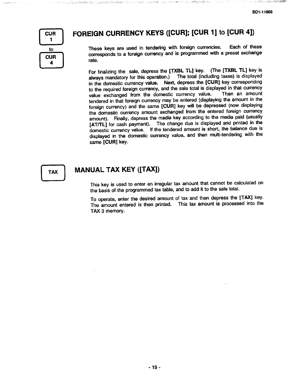 Foreign currency keys ([cur]; [cur 1] to [cur 4]), Manual tax key ([tax]) | Toshiba MA-216-100 SERIES User Manual | Page 22 / 84