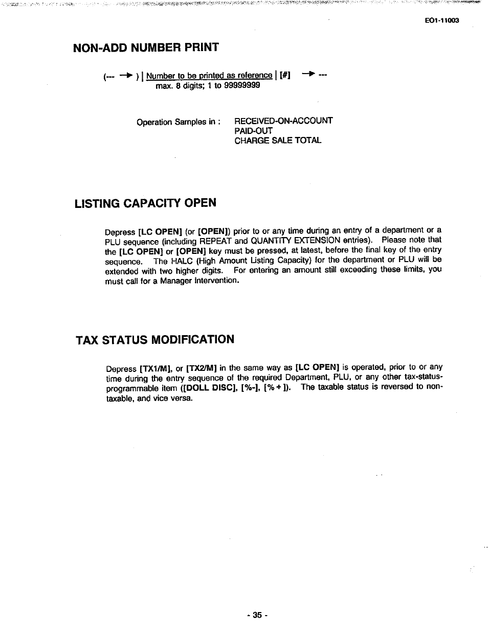 Non-add number print, Listing capacity open, Tax status modification | Toshiba MA-216-100 SERIES User Manual | Page 38 / 84