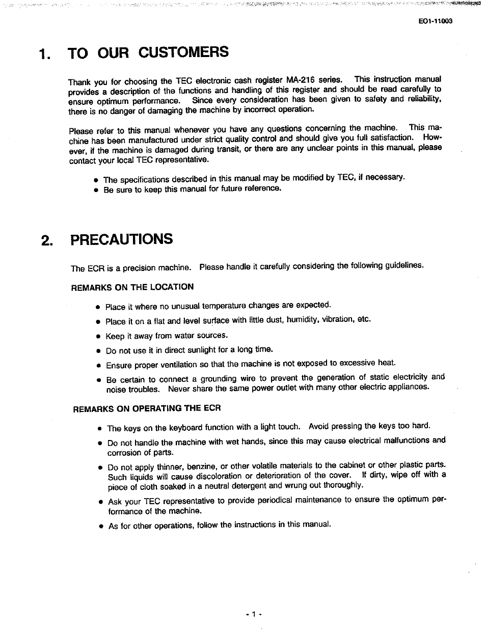 To our customers, Precautions | Toshiba MA-216-100 SERIES User Manual | Page 4 / 84