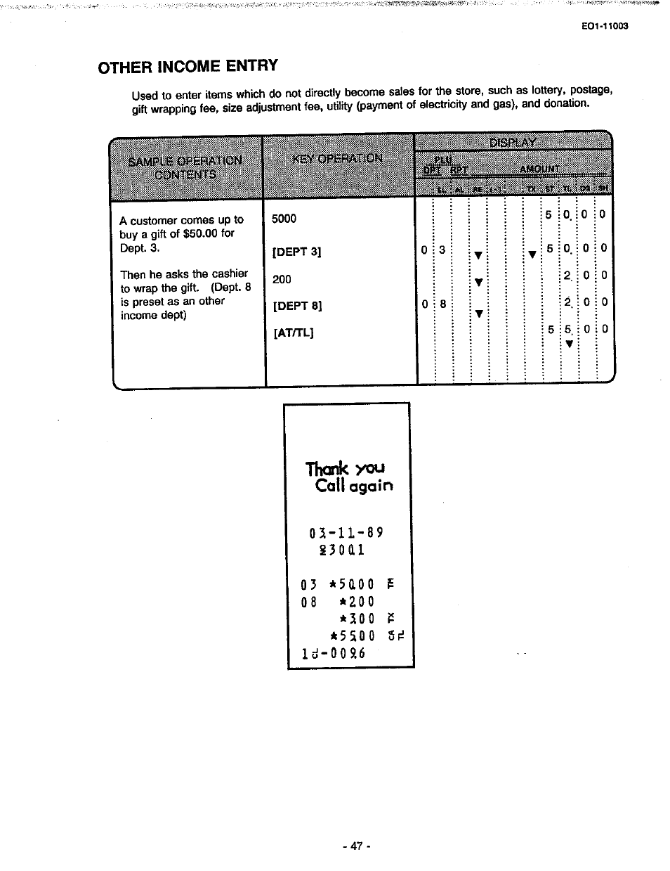 Other income entry, Thank you, Call agoin | 03e-11-89, S3oai, 5 a o o, I d - 0 0 9 6 | Toshiba MA-216-100 SERIES User Manual | Page 50 / 84