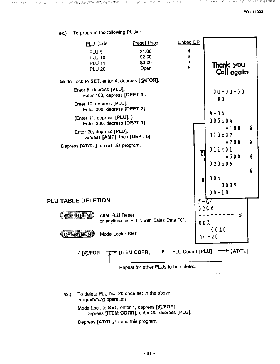 Plu table deletion, Thank you call again, Oa-oa-00 | O a - o a | Toshiba MA-216-100 SERIES User Manual | Page 64 / 84