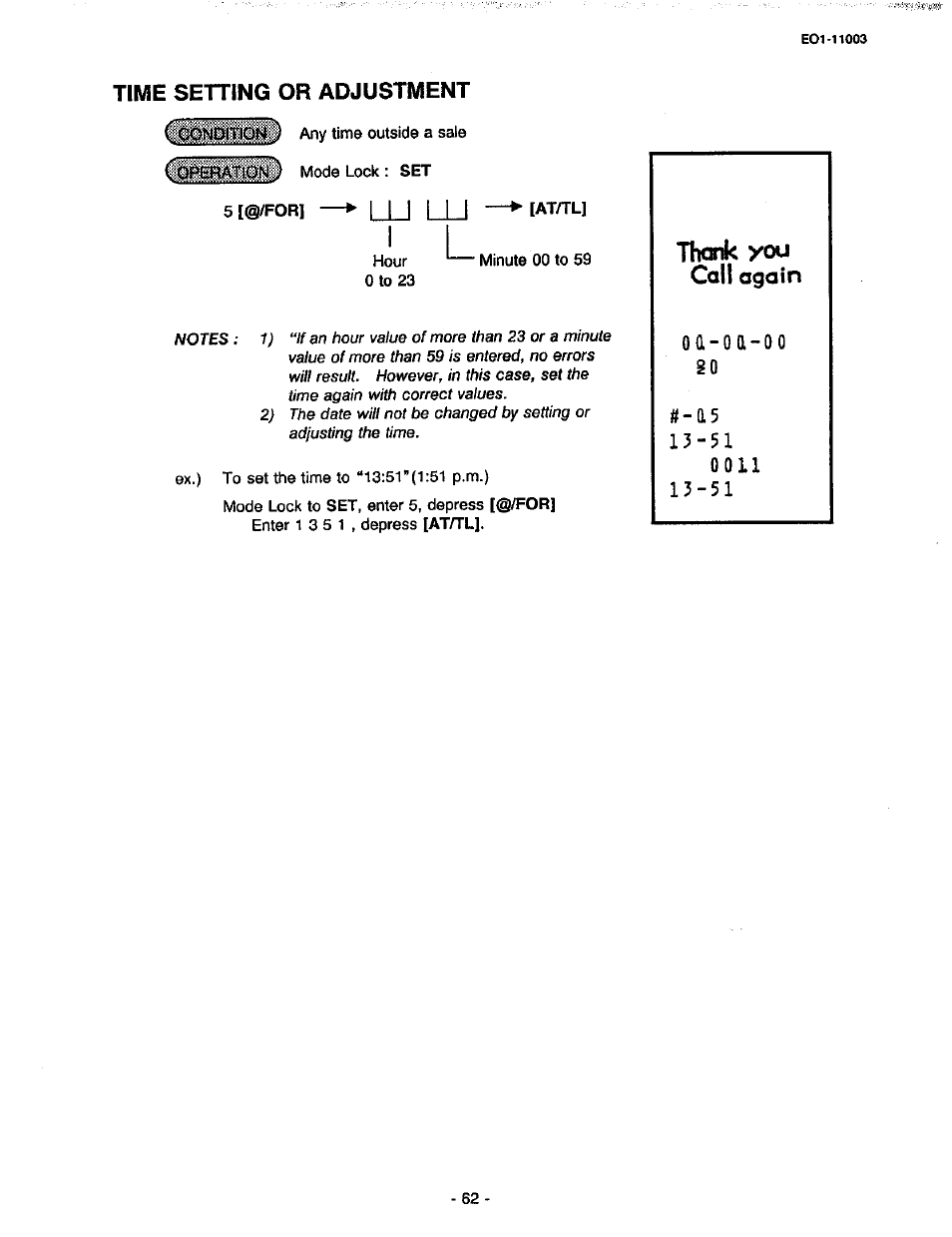 Time setting or adjustment, O a - o a, You call ogain | Toshiba MA-216-100 SERIES User Manual | Page 65 / 84