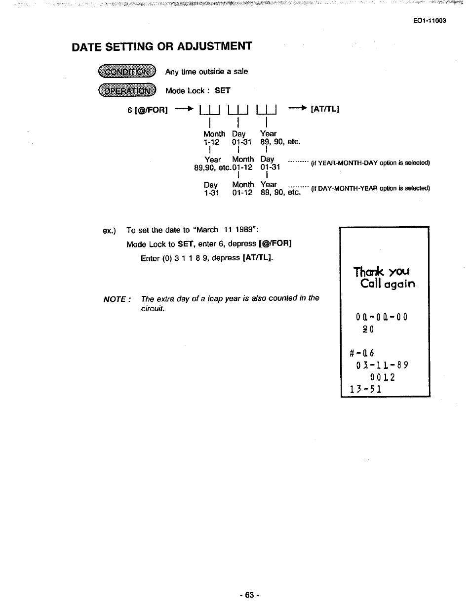 Date setting or adjustment, 6 [@fforl —► lu lu lij —> [ath-ll, Thank you call again | Oa-oa-00, 6 [@fforl —► lu lu lij —> [ath-ll i i i, O a - o a | Toshiba MA-216-100 SERIES User Manual | Page 66 / 84