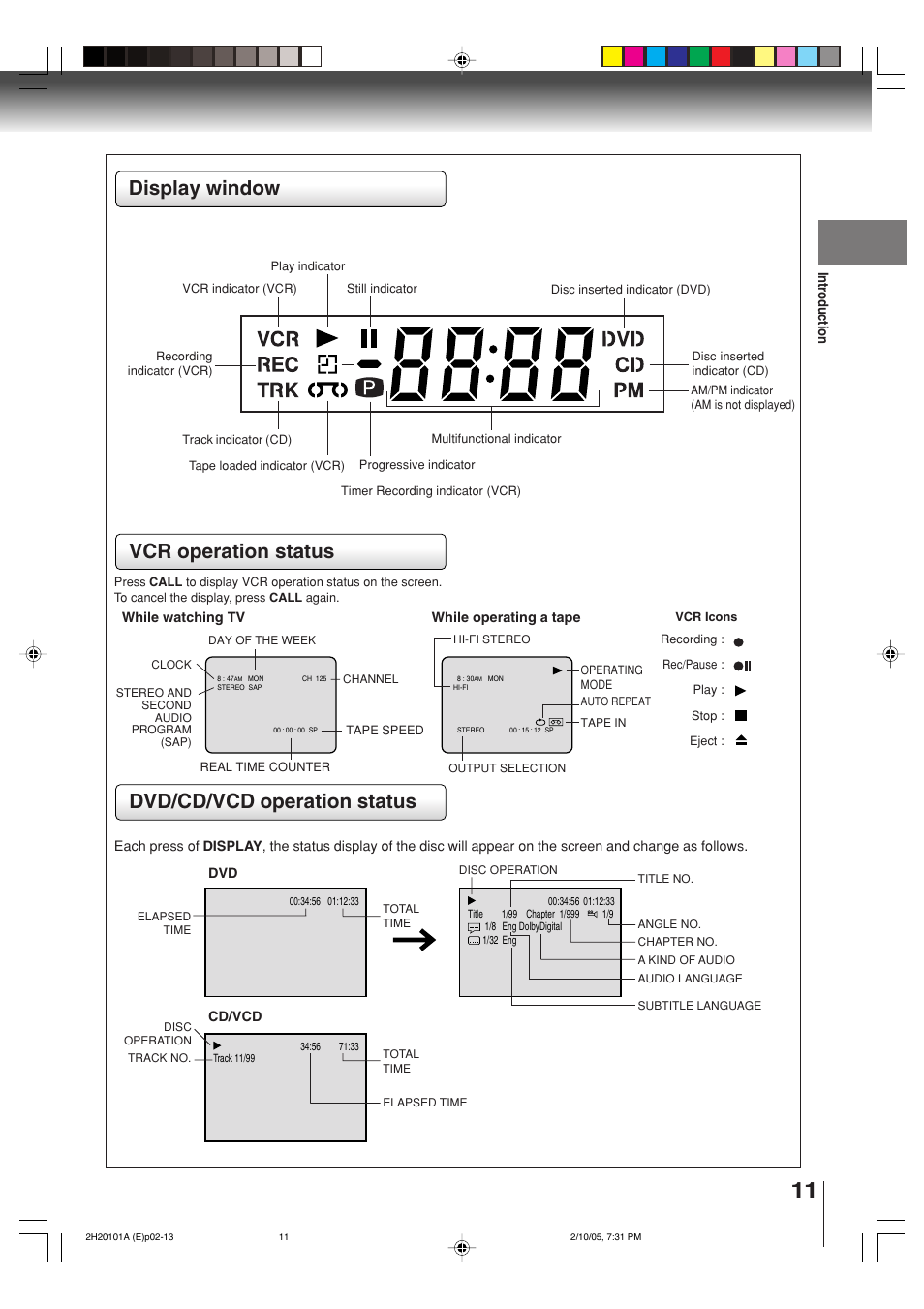 Vcr operation status, Dvd/cd/vcd operation status, Display window | Toshiba CASSETTE RECORDER SD-V393SU User Manual | Page 11 / 68