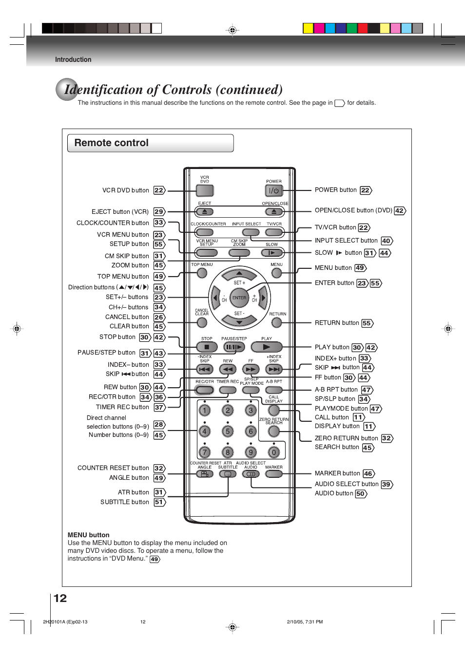 Identification of controls (continued), Remote control | Toshiba CASSETTE RECORDER SD-V393SU User Manual | Page 12 / 68