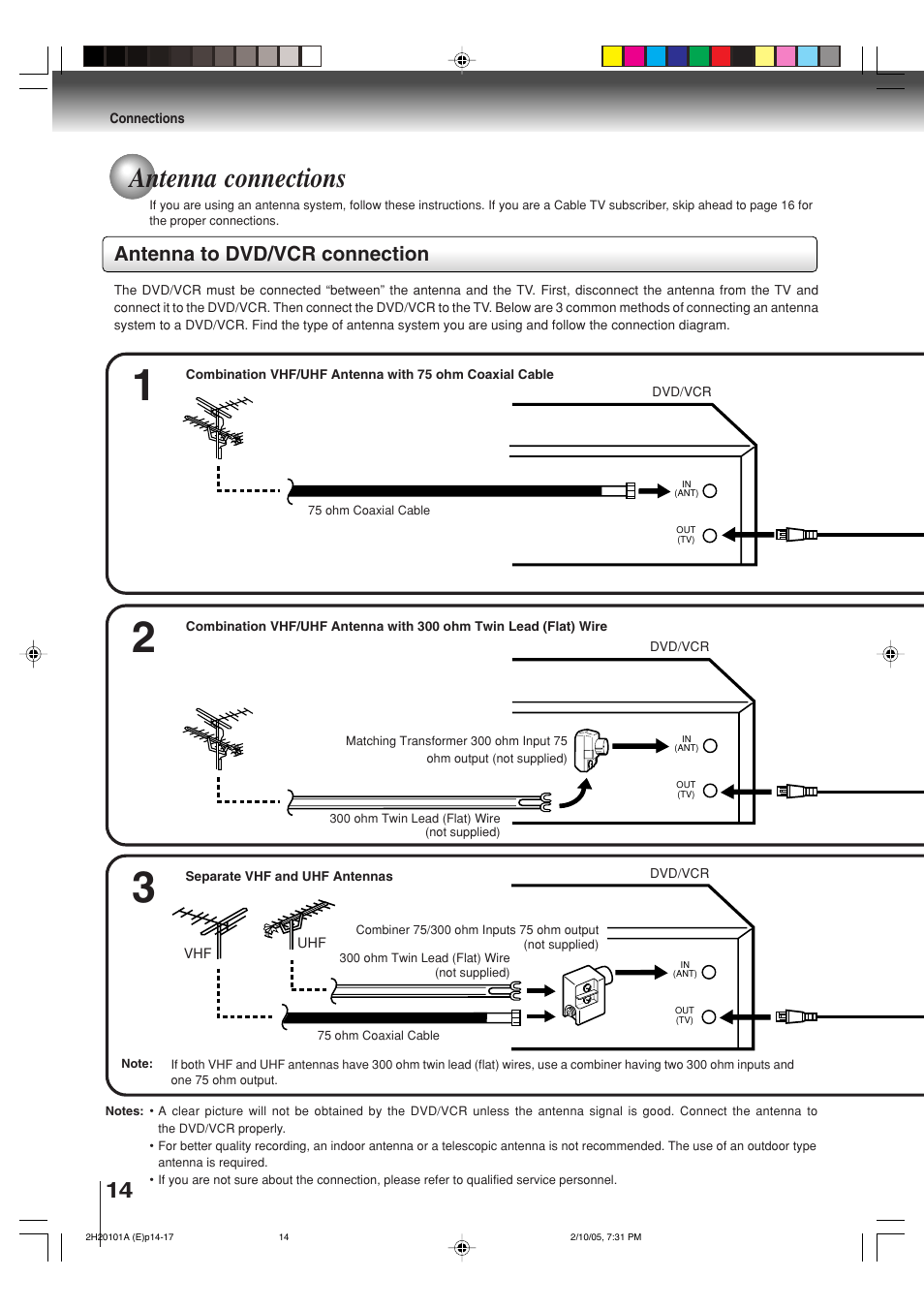 Antenna connections, Antenna to dvd/vcr connection | Toshiba CASSETTE RECORDER SD-V393SU User Manual | Page 14 / 68