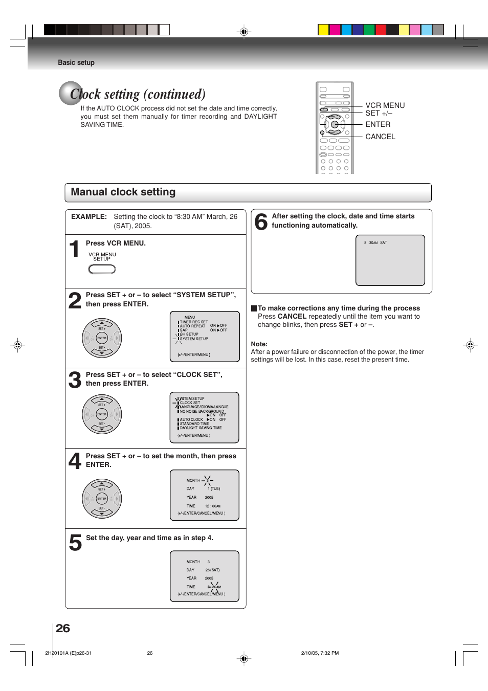 Clock setting (continued), Manual clock setting | Toshiba CASSETTE RECORDER SD-V393SU User Manual | Page 26 / 68