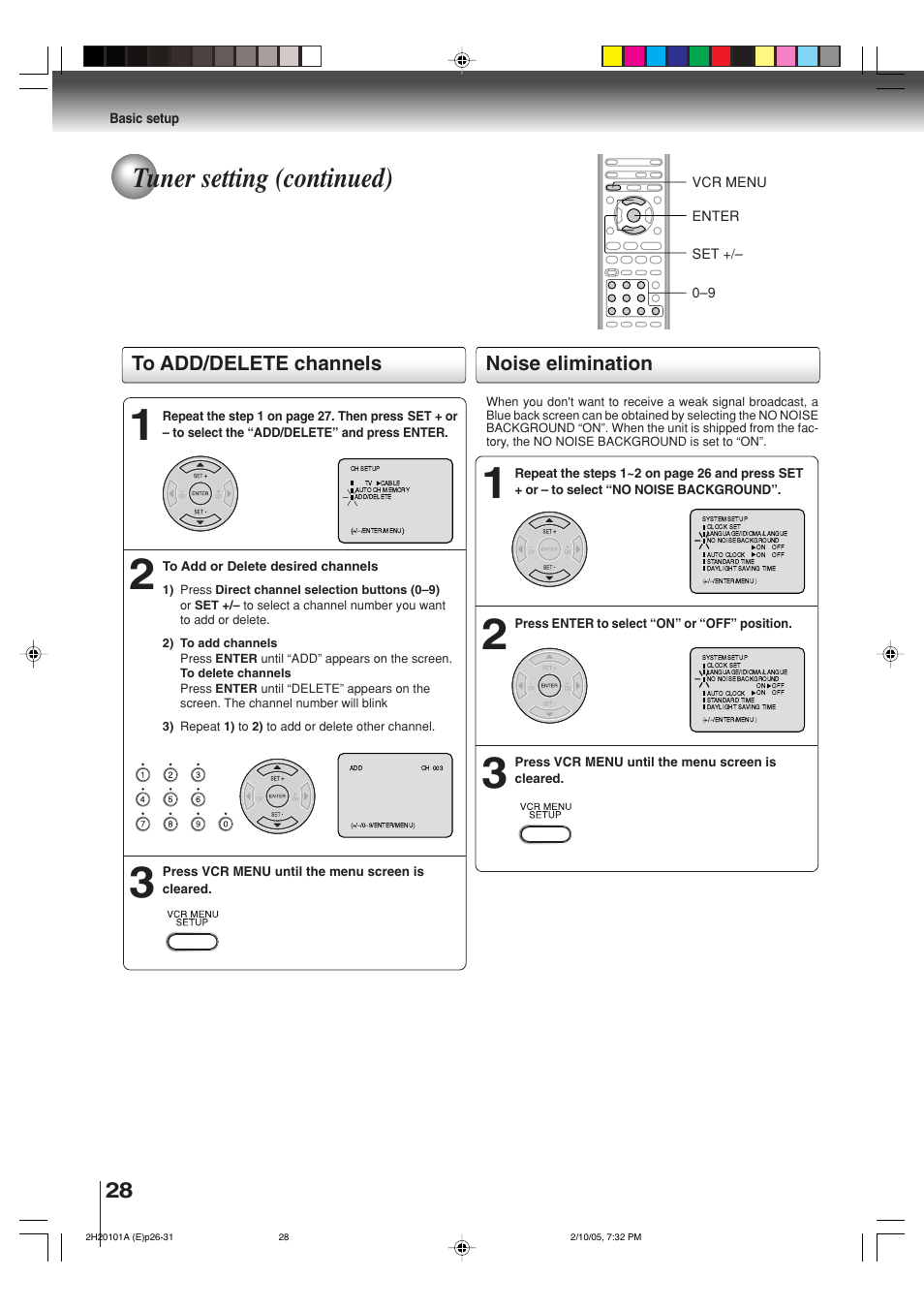 Tuner setting (continued), Noise elimination | Toshiba CASSETTE RECORDER SD-V393SU User Manual | Page 28 / 68